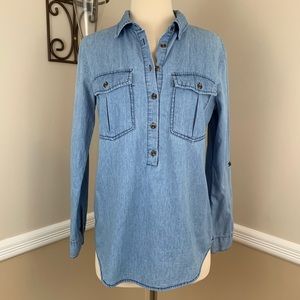 Noble U Roll Tab Sleeve Chambray Popover Top Shirt